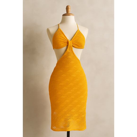 Vintage Women's Orange Crochet Cut-Out Midi Lined Dress Size M USA Made - Picture 1 of 7